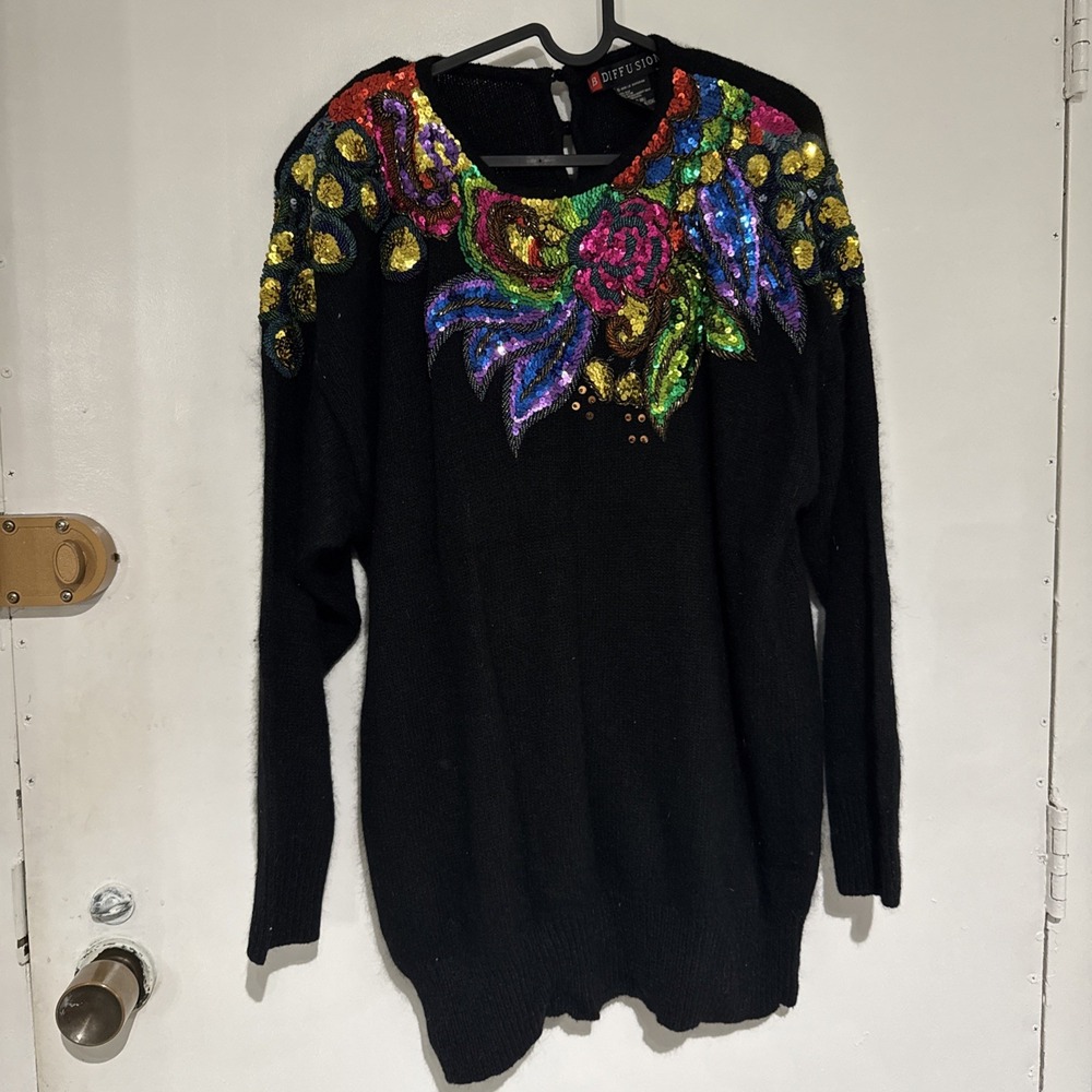 I.B. Diffusion  Vintage Black  Multi Colored Sequins Silk Angora Wool Sweater PP